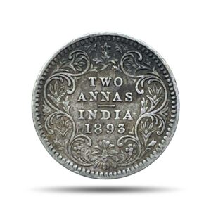 Scarce Two Annas Victoria Empress 1893 Calcutta Mint 'C' Incuse (Obv B, Rev II) Silver Coin, British India Uniform Coinage, Collectible.