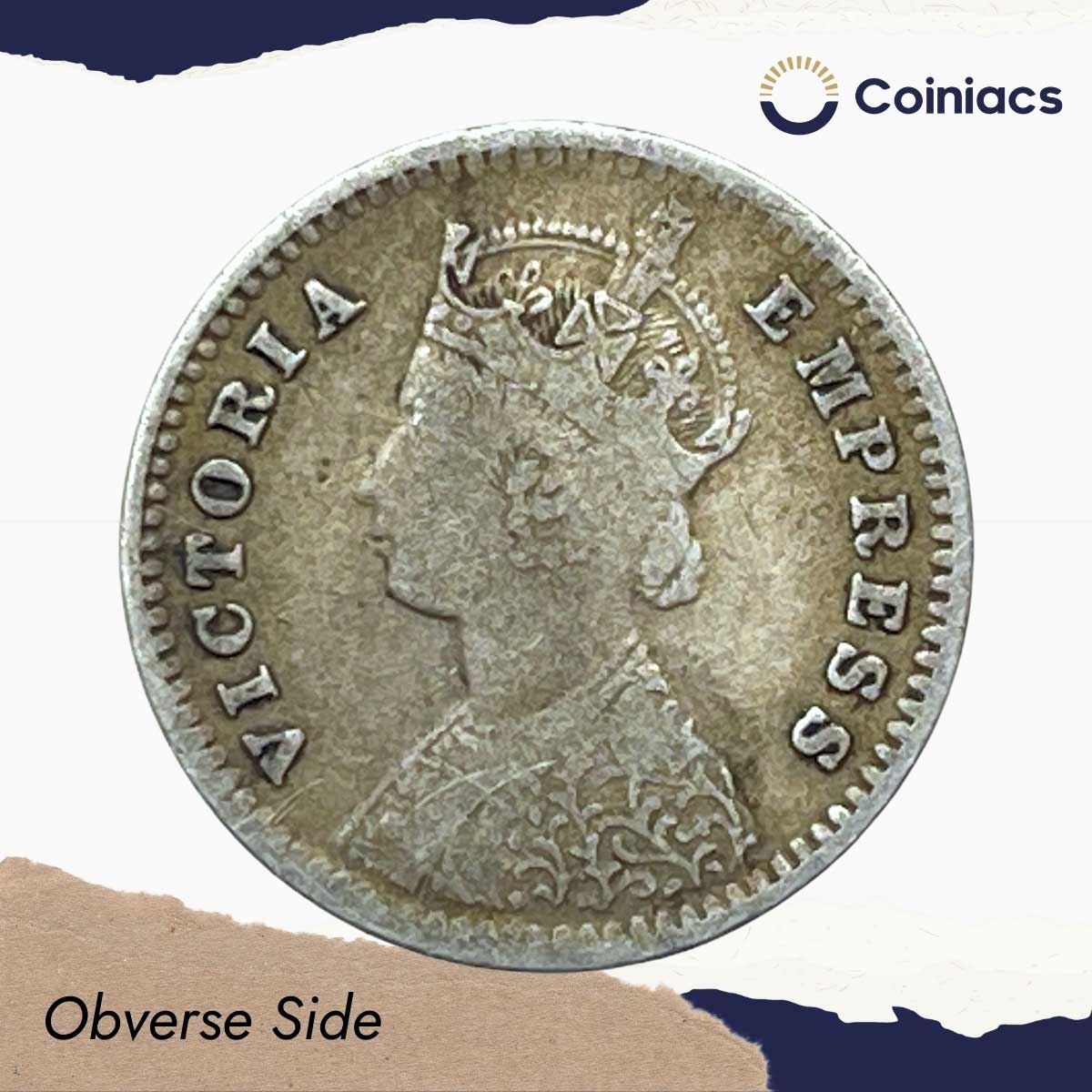 Two Annas Victoria Empress 1896 Bombay Mint 'B' Incuse (Obv B, Rev II) Silver Coin, British India Uniform Coinage, Collectable. - Image 2