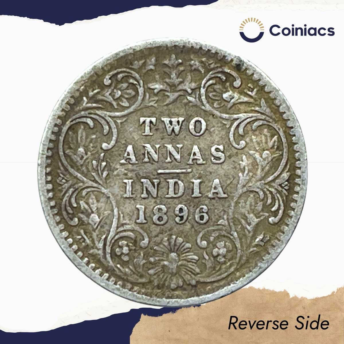 Two Annas Victoria Empress 1896 Bombay Mint 'B' Incuse (Obv B, Rev II) Silver Coin, British India Uniform Coinage, Collectable. - Image 3