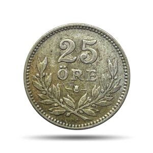 25 Ore Gustaf V 1914 CE "Kungliga Myntet" Mint (Karl-August Wallroth, Mint Master) Silver Coin, Sweden, Collectible.