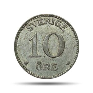 10 Ore Gustaf V 1919 CE "Kungliga Myntet" Mint (Karl-August Wallroth, Mint Master) Silver (40%) Coin, Sweden, Collectible.