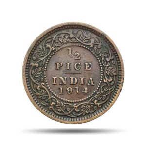 1/2 Pice George V King Emperor 1914 Calcutta Mint Bronze Coin, British India Uniform Coinage, Collectible.