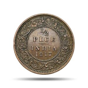 1/2 Pice George V King Emperor 1917 Calcutta Mint Bronze Coin, British India Uniform Coinage, XF.