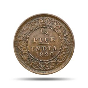 1/2 Pice George V King Emperor 1920 Calcutta Mint Bronze Coin, British India Uniform Coinage, Collectible.