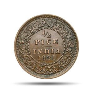 1/2 Pice George V King Emperor 1921 Calcutta Mint Bronze Coin, British India Uniform Coinage, XF.