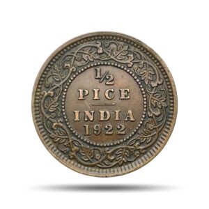 1/2 Pice George V King Emperor 1922 Calcutta Mint Bronze Coin, British India Uniform Coinage, XF.