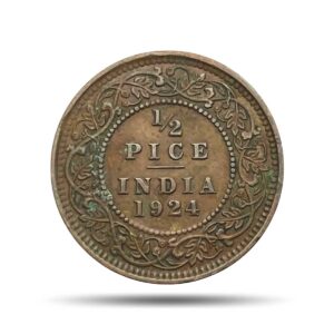 1/2 Pice George V King Emperor 1924 Calcutta Mint Bronze Coin, British India Uniform Coinage, Collectible.