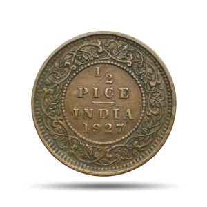 1/2 Pice George V King Emperor 1927 Calcutta Mint Bronze Coin, British India Uniform Coinage, Collectible.