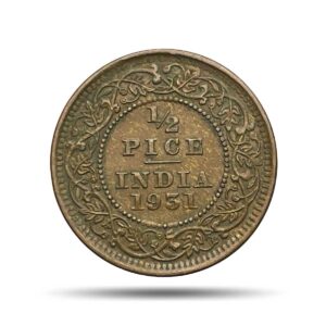 1/2 Pice George V King Emperor 1931 Calcutta Mint Bronze Coin, British India Uniform Coinage, XF.
