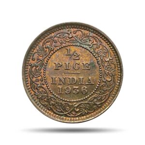 1/2 Pice George V King Emperor 1936 Calcutta Mint Bronze Coin, British India Uniform Coinage, UNC.