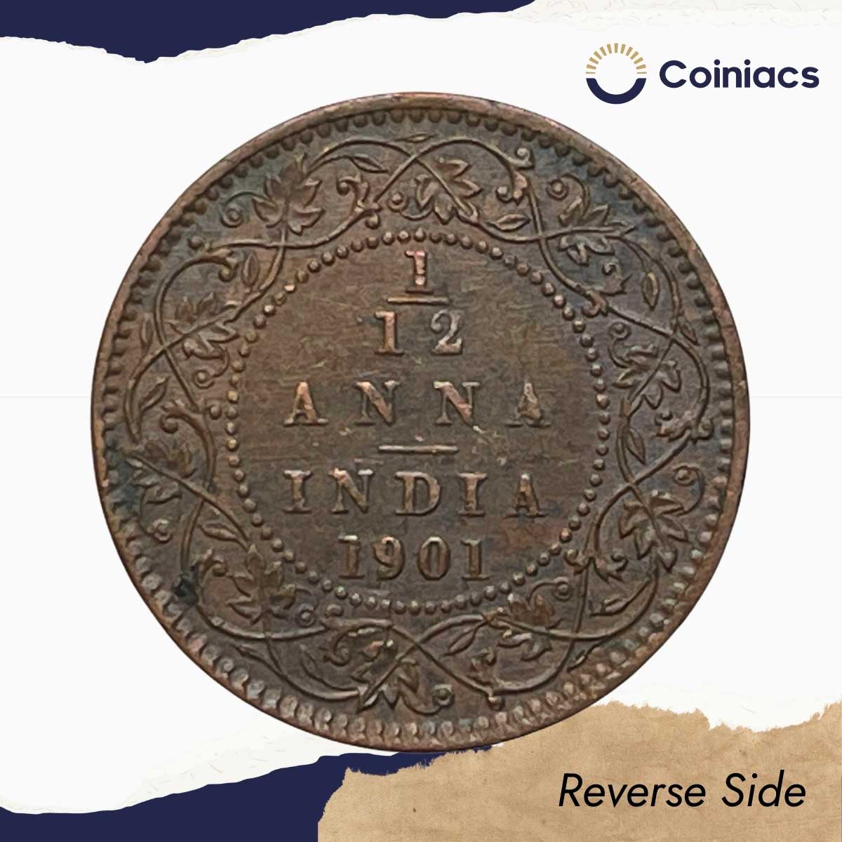 1/12 Anna Victoria Empress 1901 Calcutta Mint Copper Coin, British India Uniform Coinage, XF. - Image 3