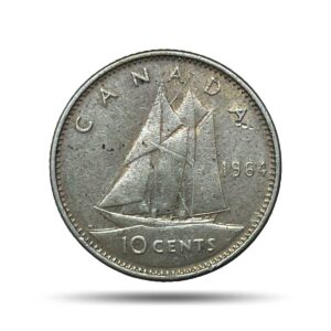 10 Cents Elizabeth II 1964 Royal Canadian Mint of Ottawa Silver Foreign Coin, Canada, XF+.