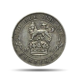 6 Pence George V (1st coinage) 1918 Royal Mint (Tower Hill) Silver Coin, United Kingdom, XF.