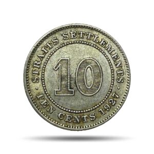 10 Cents George V 1927 Royal Mint (Tower Hill) Silver Foreign Coin, Strait Settlements, XF+.
