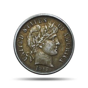 One Dime (Barber Dime) 1912 CE  United States Mint of Denver Silver Foreign Coin, United States of America, XF+.