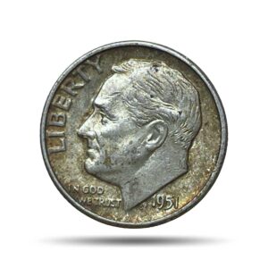 1 Dime (Roosevelt Silver Dime) 1951 CE Silver Foreign Coin, United States of America, Collectible.