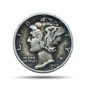1 Dime (Mercury Dime) 1942 CE Silver Coin, United States of America, Collectible.
