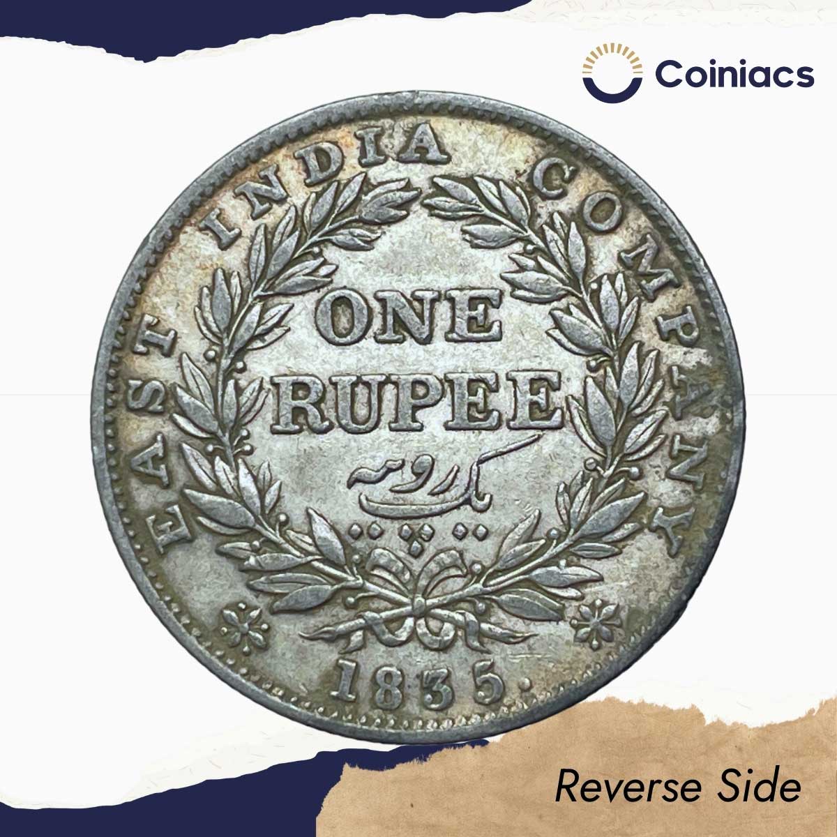 Rare One Rupee William IIII 1835 R. S. Incuse Calcutta Mint (Obv-B, Rev-II) Silver Coin, British India Uniform Coinage, Collectible. - Image 3