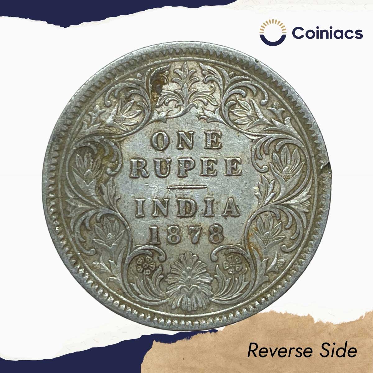 One Rupee Victoria Empress 1878 CE (Obv AI, Rev I) Calcutta Mint Silver Coin, British India Uniform Coinage, Collectible. - Image 3