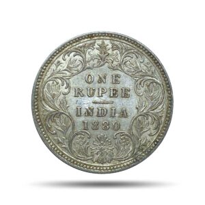 One Rupee Victoria Empress 1880 CE (Obv AI, Rev I) 'C' Incused Calcutta Mint Silver Coin, British India Uniform Coinage, Collectible.