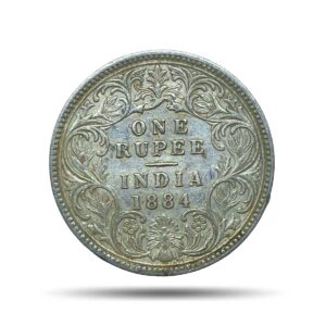 One Rupee Victoria Empress 1884 CE (Obv AI, Rev I) 'C' Incused Calcutta Mint Silver Coin, British India Uniform Coinage, Collectible.