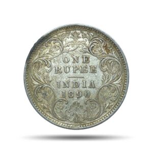 One Rupee Victoria Empress 1890 CE (Obv C3, Rev I(i)) 'C' Incused Calcutta Mint Silver Coin, British India Uniform Coinage, Collectible.