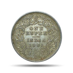 One Rupee Victoria Empress 1901 CE (Obv C3, Rev I(i)) 'C' Incused Calcutta Mint Silver Coin, British India Uniform Coinage, Collectible.
