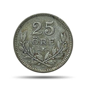 25 Ore Gustaf V 1914 CE Kungliga Myntet (Mint) (Karl-August Wallroth, Mint Master) Silver Coin, Sweden, Collectible.