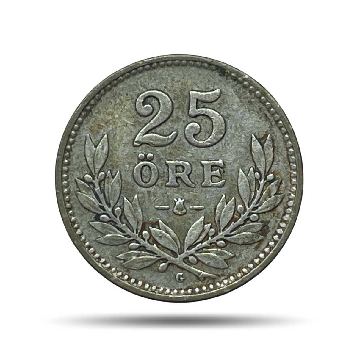 25 Ore Gustaf V 1914 CE Kungliga Myntet (Mint) (Karl-August Wallroth, Mint Master) Silver Coin, Sweden, Collectible.