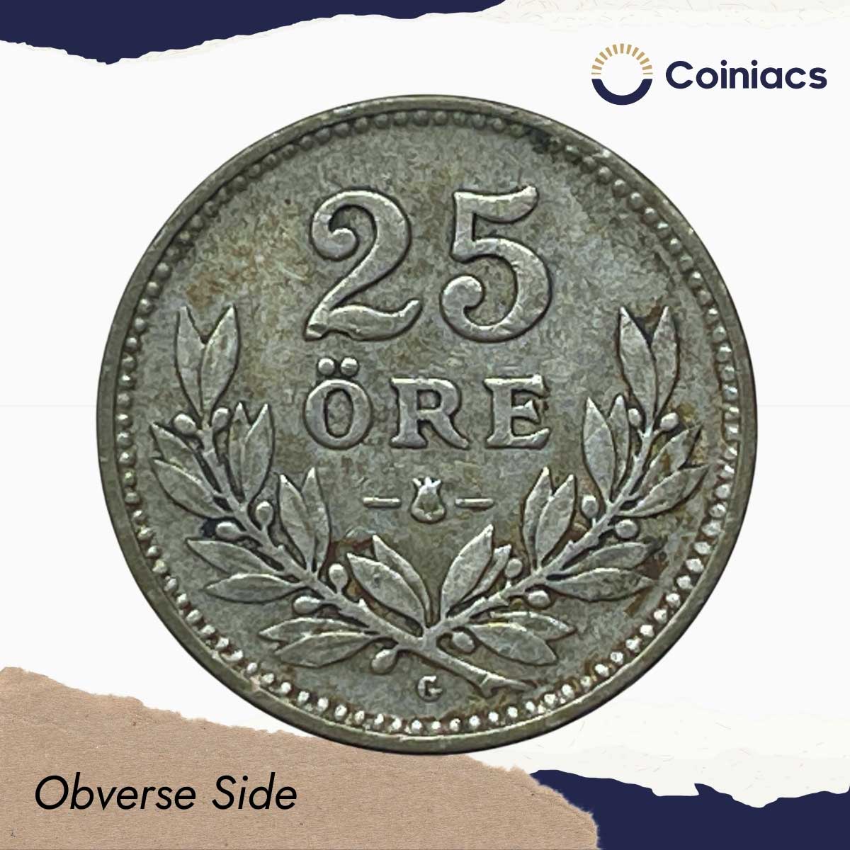 25 Ore Gustaf V 1914 CE Kungliga Myntet (Mint) (Karl-August Wallroth, Mint Master) Silver Coin, Sweden, Collectible. - Image 2