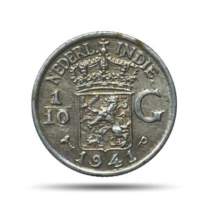 1/10 Gulden Wilhelmina 1941 United States Mint of Philadelphia Silver Old Coin, Netherlands East Indies (Dutch East Indies ) Colony in Indonesia, XF.