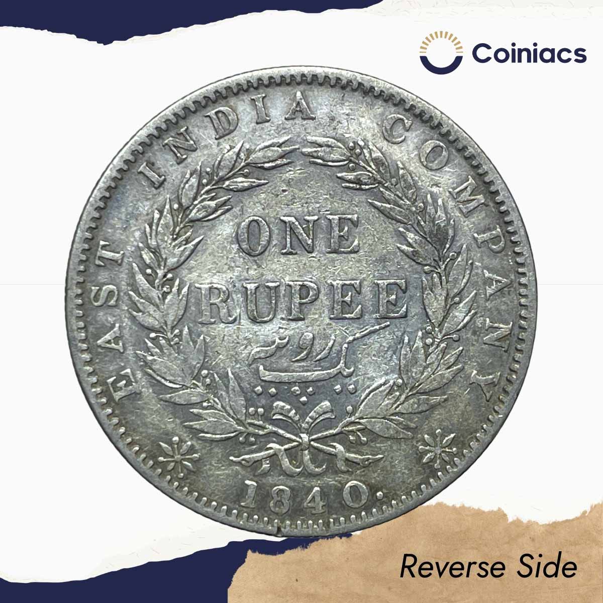 Rare One Rupee Victoria Queen 1840 Continuous Legend 11.6 gms Silver Coin, British India Uniform Coinage, Collectible. - Image 3