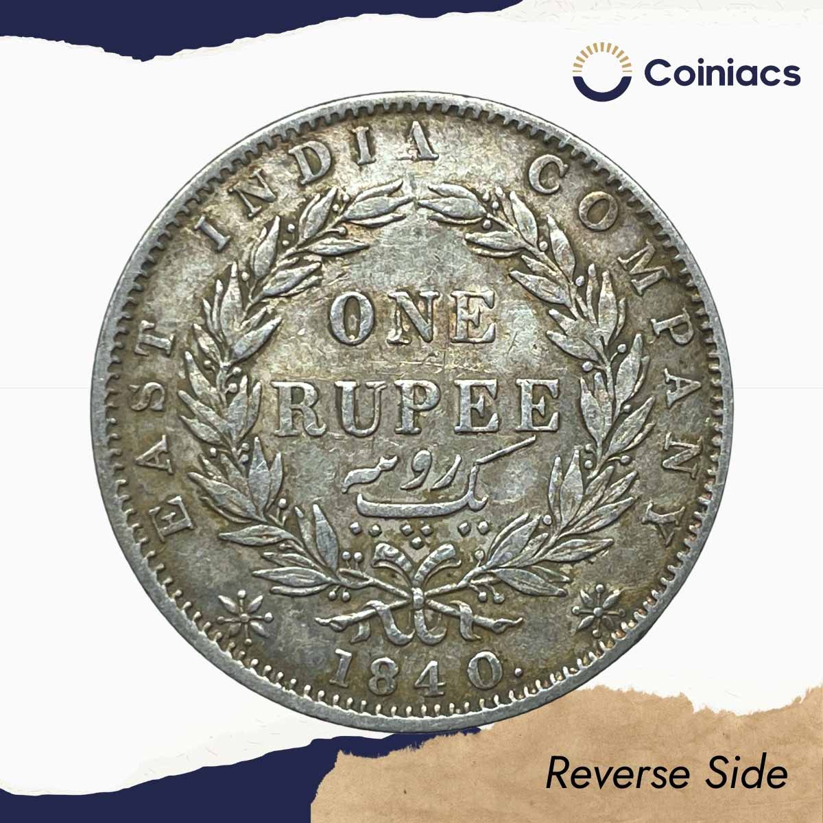 Rare One Rupee Victoria Queen 1840 Continuous Legend 11.6 gms Silver Coin, British India Uniform Coinage, Collectible. - Image 3