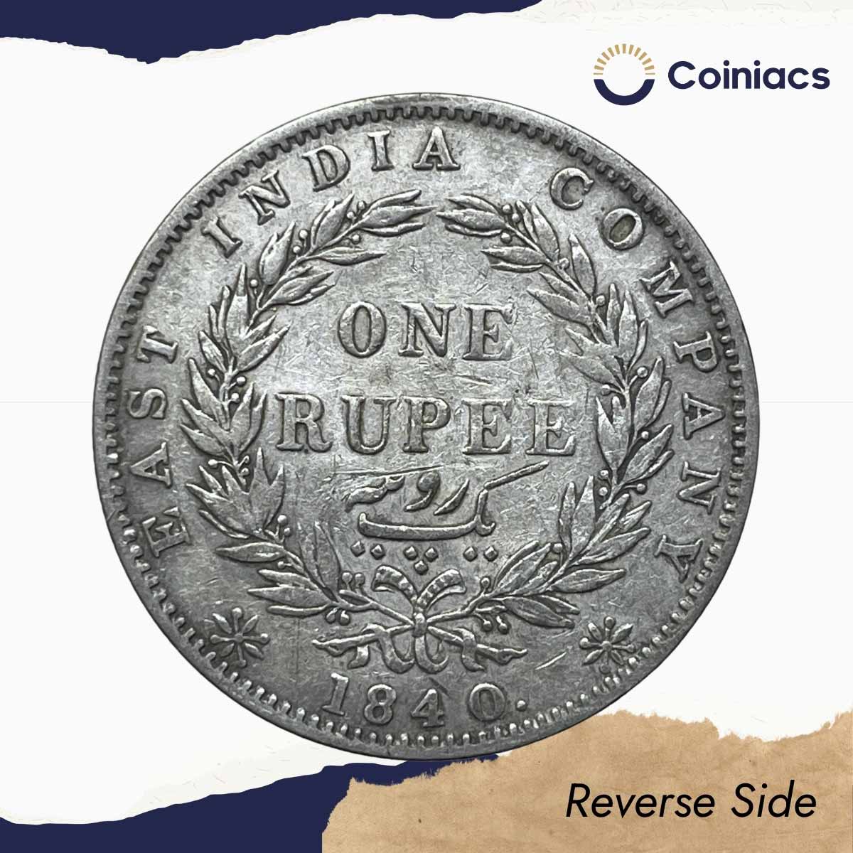 Rare One Rupee Victoria Queen 1840 Continuous Legend 11.6 gms Silver Coin, British India Uniform Coinage, Collectible. - Image 3