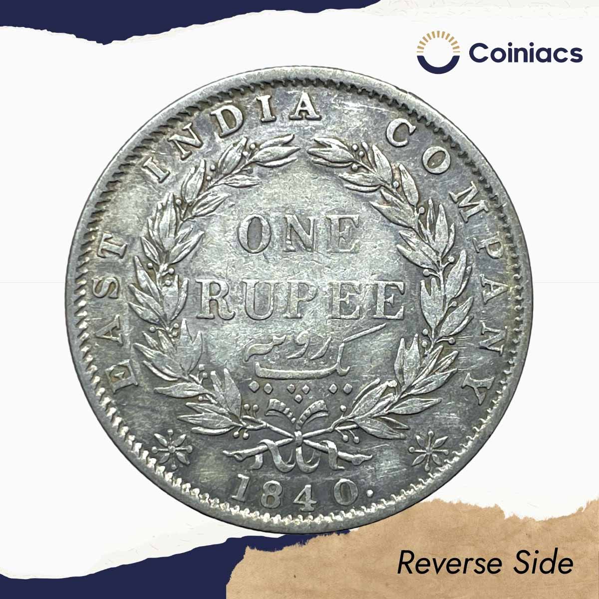Rare One Rupee Victoria Queen 1840 Continuous Legend 11.6 gms Silver Coin, British India Uniform Coinage, Collectible. - Image 3