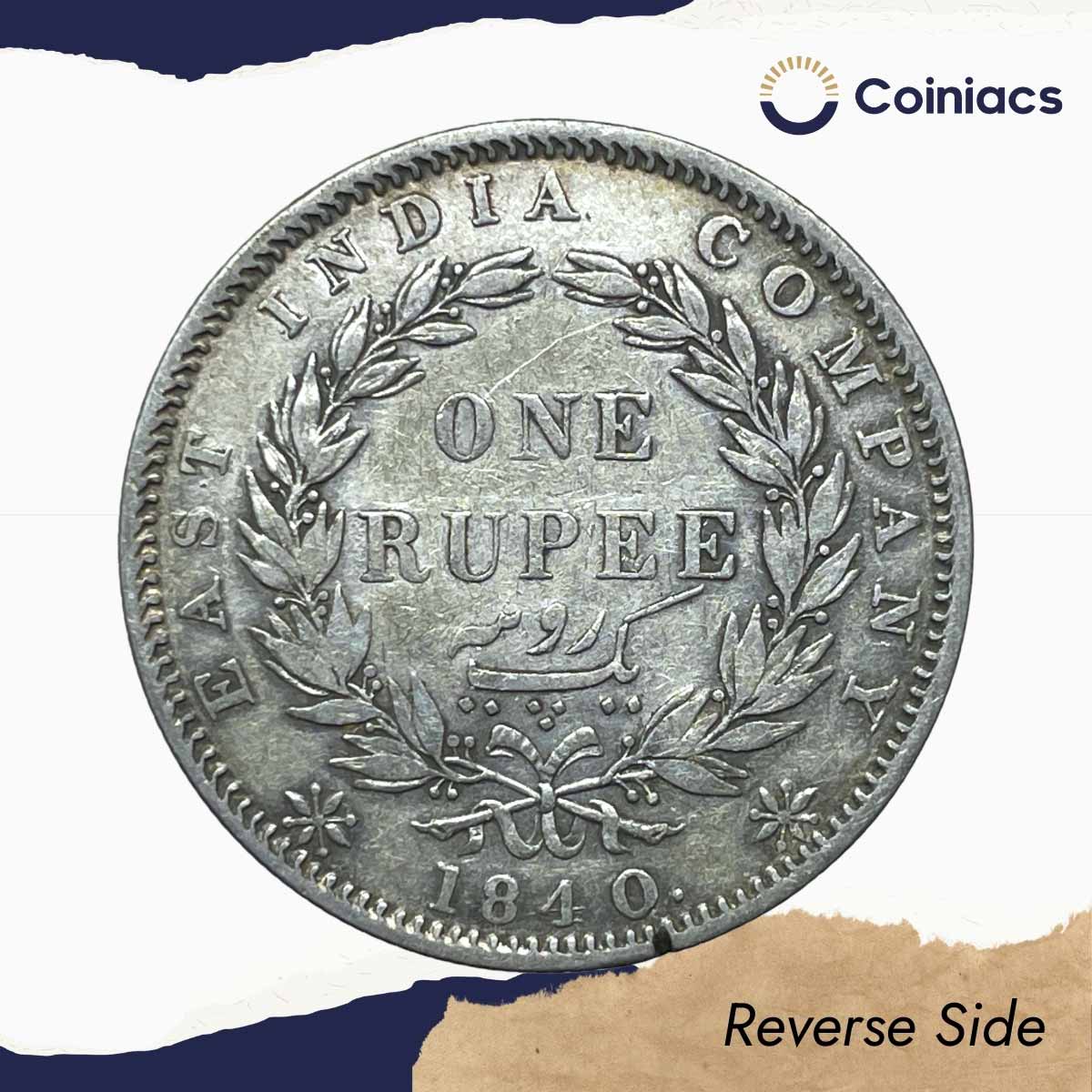 Rare One Rupee Victoria Queen 1840 Continuous Legend 11.6 gms Silver Coin, British India Uniform Coinage, Collectible. - Image 3