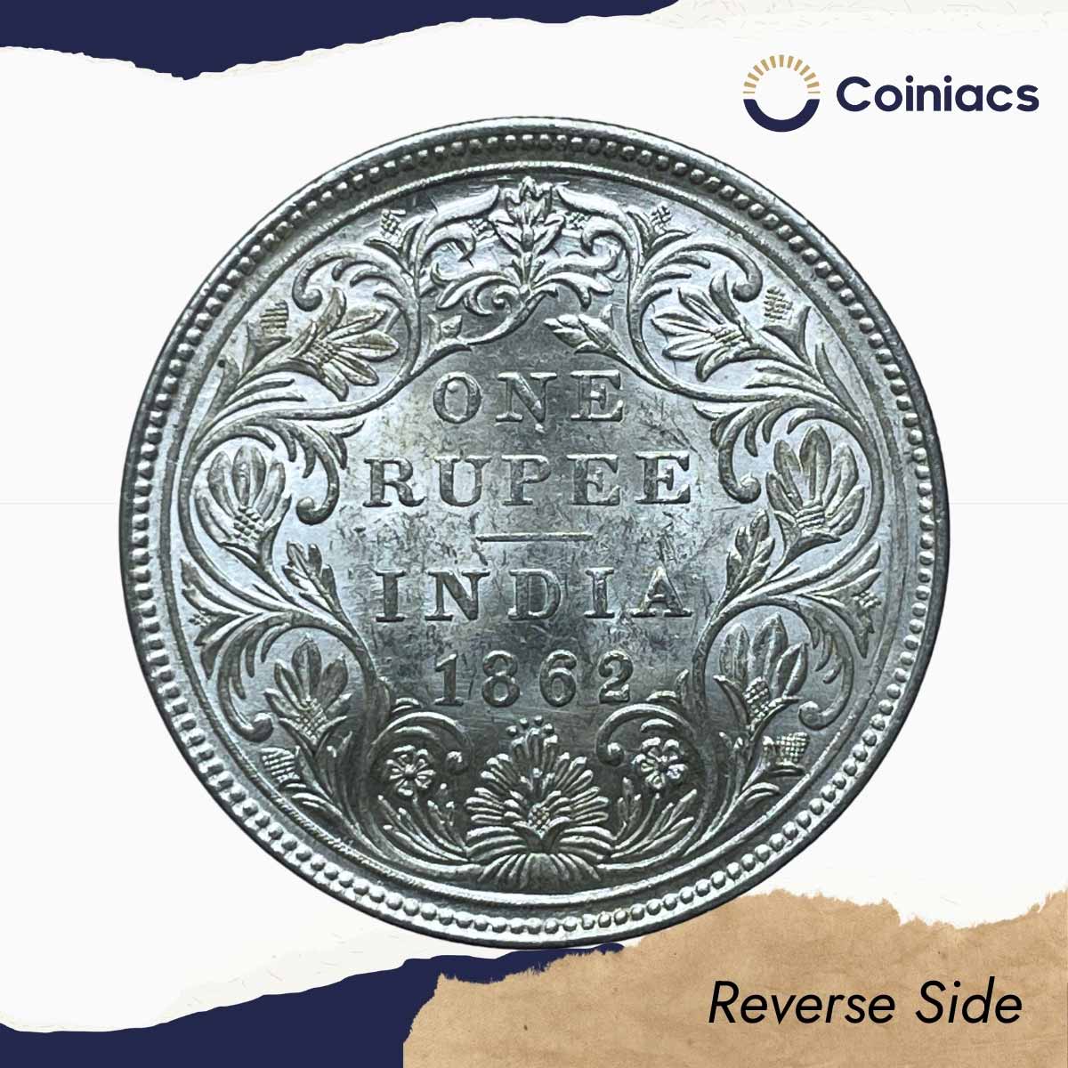 Scarce One Rupee Victoria Queen 1862 '4 Dots' Silver Coin, British India Uniform Coinage, UNC. - Image 3