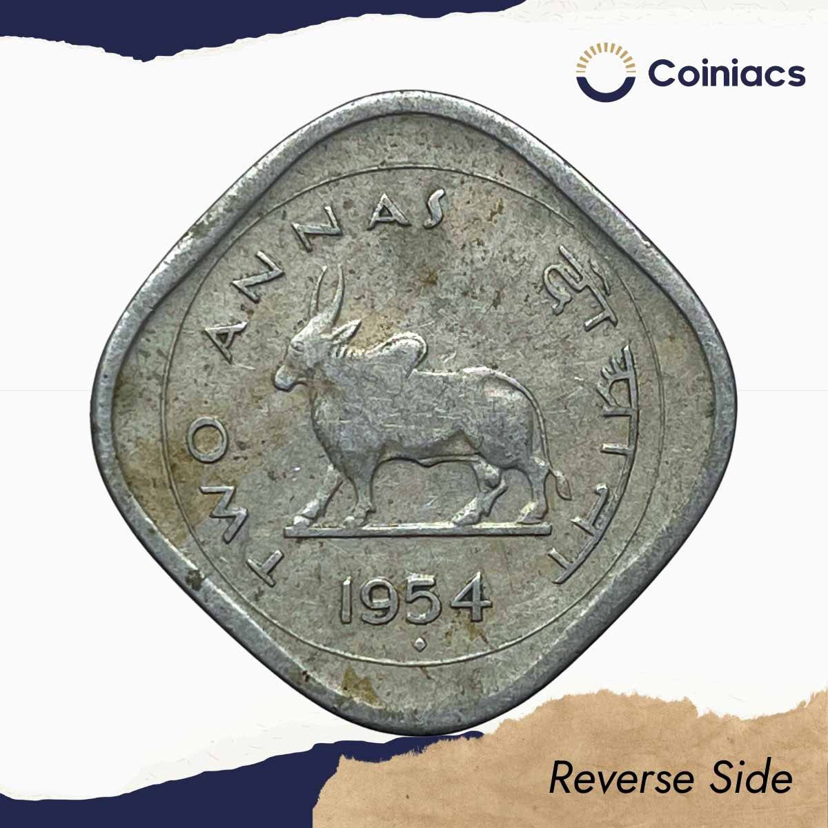Scarce Two Annas (Bull Anna) 1954 Bombay Mint Copper Nickel Coin, Republic India Anna Series, Collectible. - Image 3