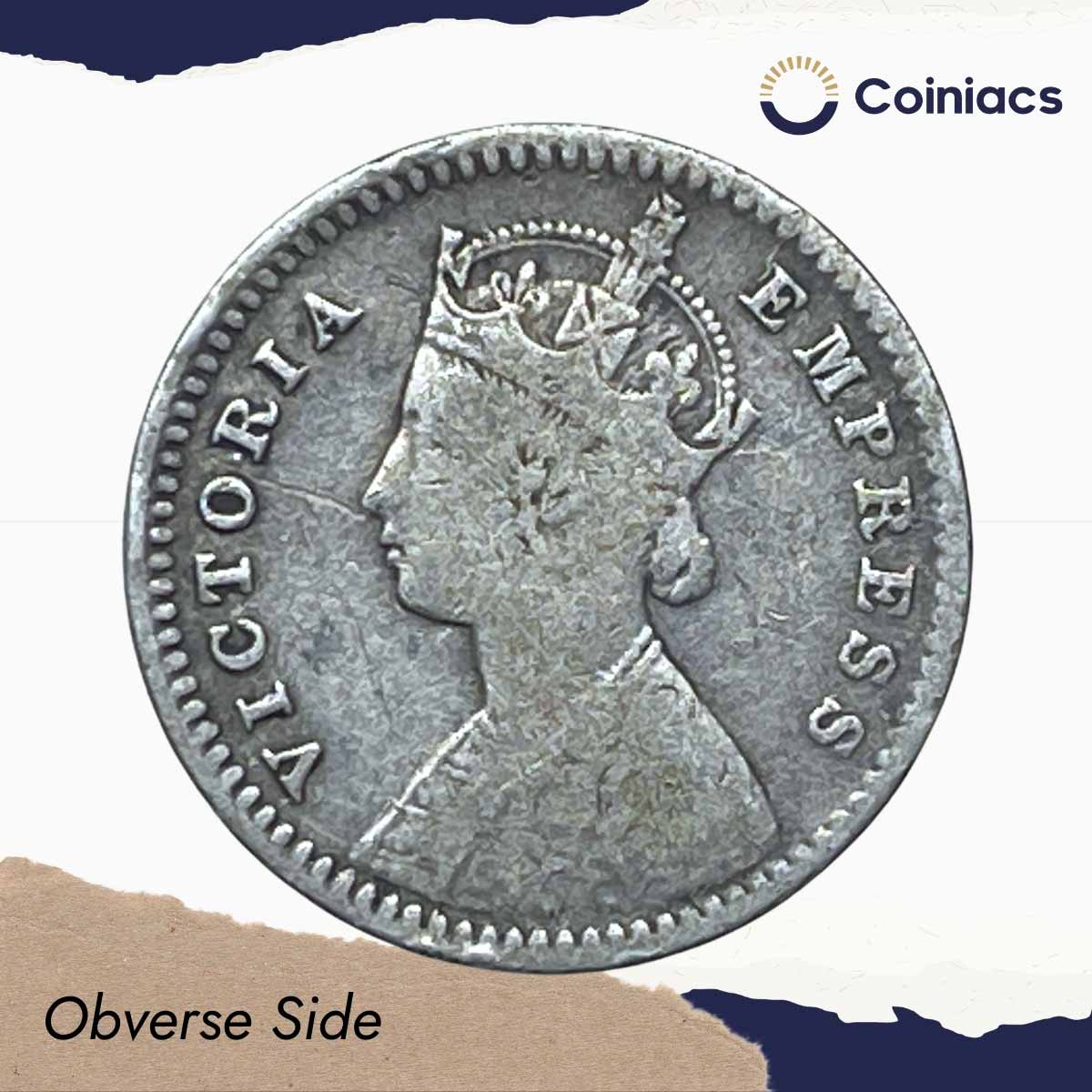 Two Annas Victoria Empress 1883 Calcutta Mint ('C' incuse) Silver Coin, British India Uniform Coinage, Collectable. - Image 2