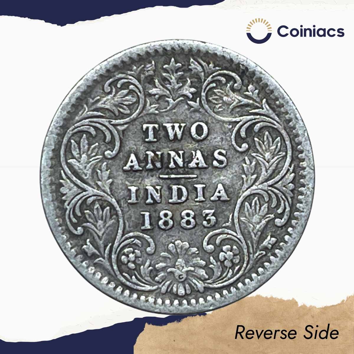 Two Annas Victoria Empress 1883 Calcutta Mint ('C' incuse) Silver Coin, British India Uniform Coinage, Collectable. - Image 3
