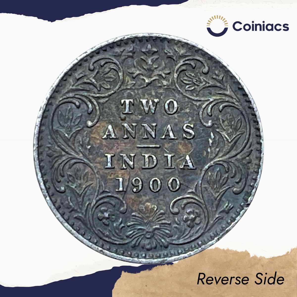 Two Annas Victoria Empress 1900 Calcutta Mint 'C' Incused (Obv B, Rev II) Silver Coin, British India Uniform Coinage, XF. - Image 3