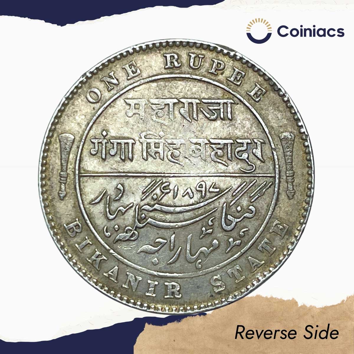 Scarce One Rupee Ganga Singh Bahadur INO Victoria Empress 1897 CE (Key Date) Silver coin, Princely State of Bikanir (Bikaner), XF. - Image 3