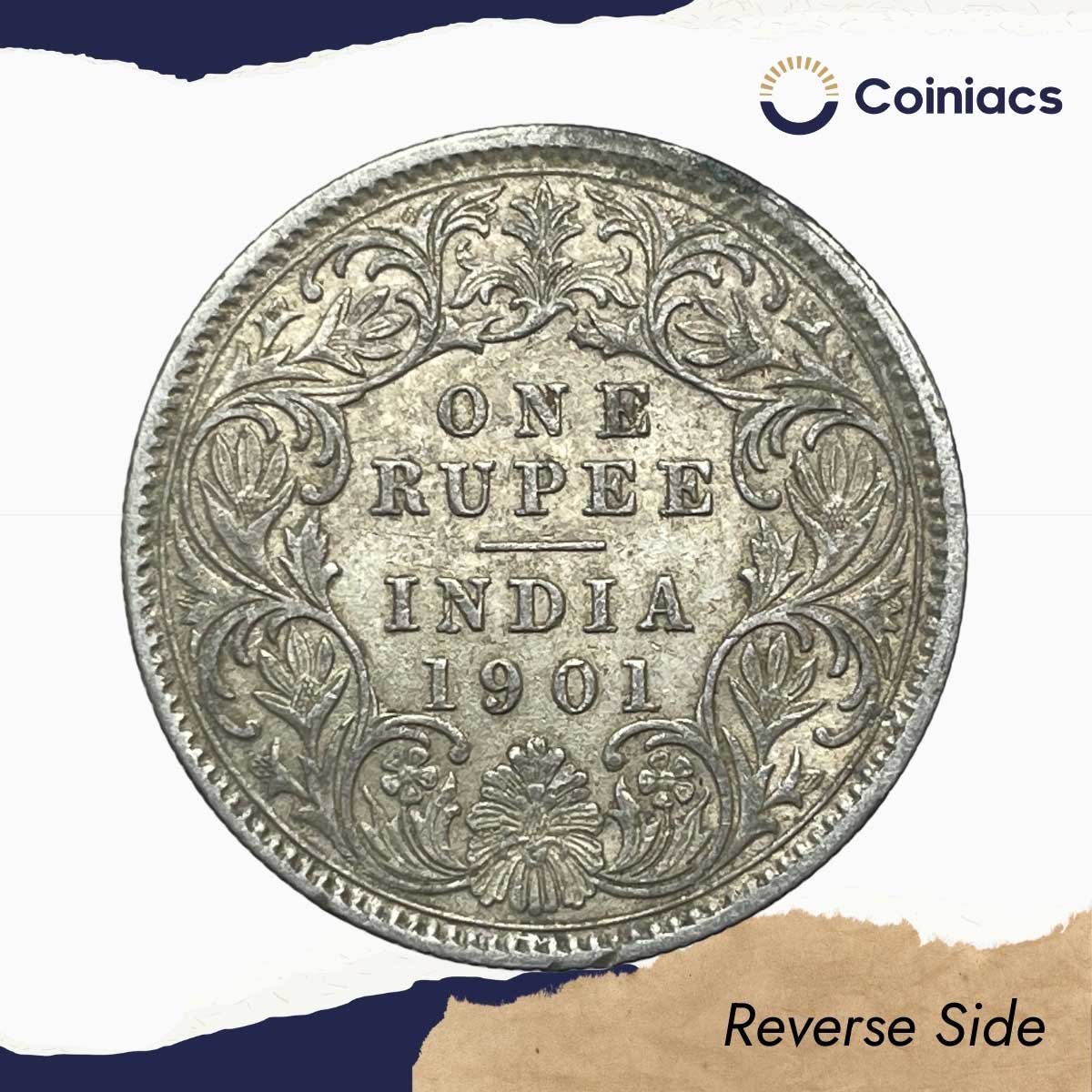 One Rupee Victoria Empress 1901 CE (Obv C3, Rev I(i)) 'C' Incused Calcutta Mint Silver Coin, British India Uniform Coinage, Collectible. - Image 3