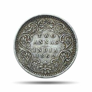 Two Annas Victoria Queen 1862 Silver Coin, British India Uniform Coinage, XF.