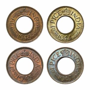 UNC SET of Pice all 4 Dates (1943,1944,1945,1947) Bronze Coin, British India Uniform Coinage, UNC