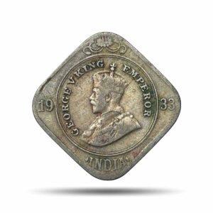 2 Annas George V King Emperor 1933 (Key Date) Calcutta Mint Cupro-Nickel Coin, British India Uniform Coinage, Collectible.