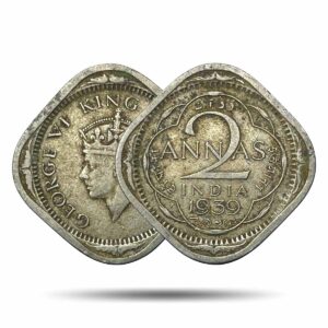 Scarce 2 Annas George VI King Emperor 1939 Mature Head (Head Type 2) Calcutta Mint Copper-Nickel Coin, British India Uniform Coinage, Collectable.
