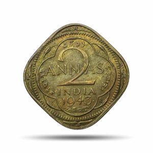 Scarce 2 Annas George VI King Emperor 1943 (Small '3') Bombay Mint Nickel-Brass Coin, British India Uniform Coinage, Collectible.
