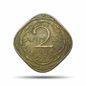 Scarce 2 Annas George VI King Emperor 1943 (Thick '3') Bombay Mint Nickel-Brass Coin, British India Uniform Coinage, Collectible.