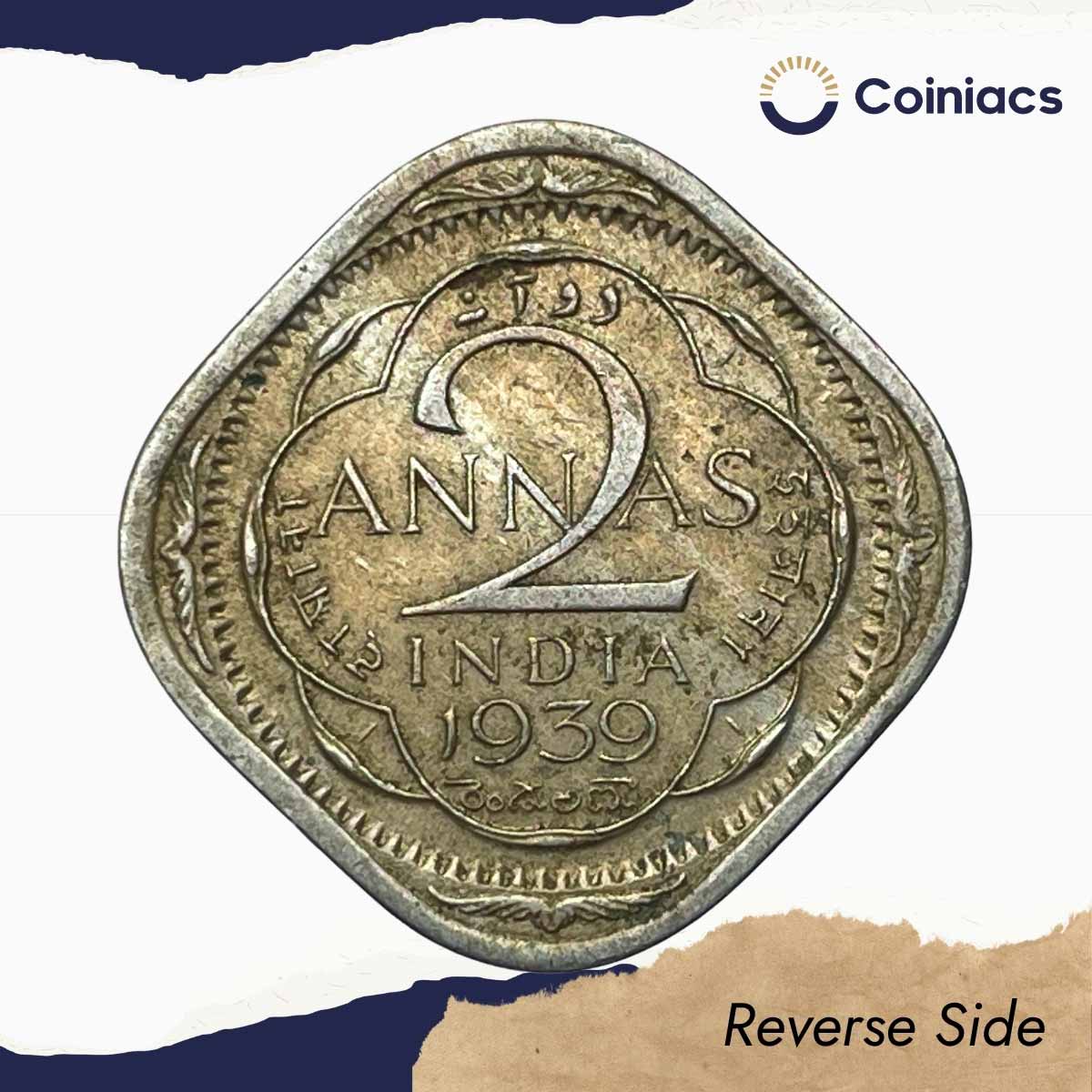 Scarce 2 Annas George VI King Emperor 1939 Calcutta Mint Cupro-Nickel Coin, British India Uniform Coinage, Collectible. - Image 3